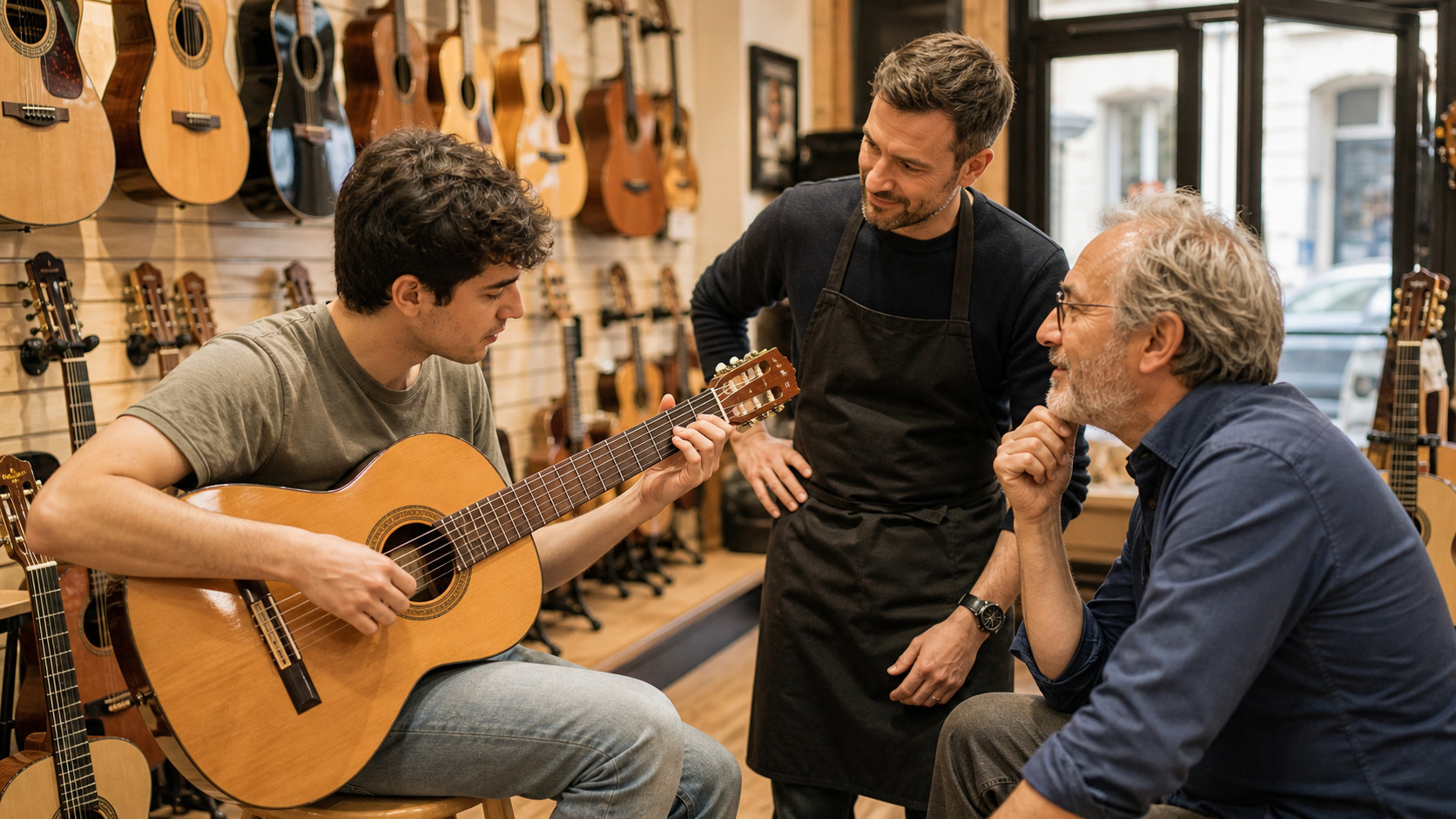 Débutant essayant une guitare en magasin avec un conseiller et un professeur