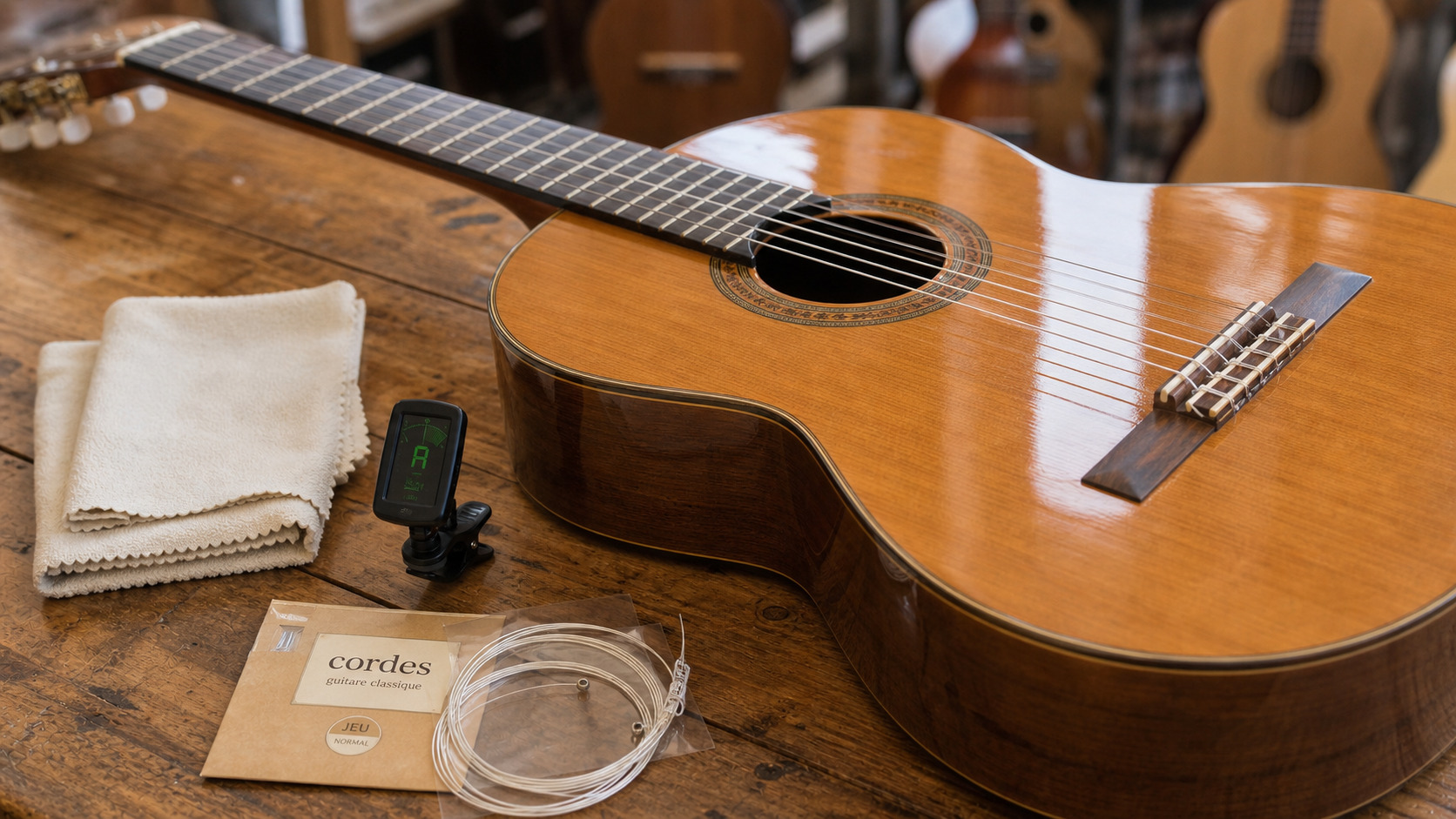 Guitare posée avec chiffon, jeu de cordes et accordeur