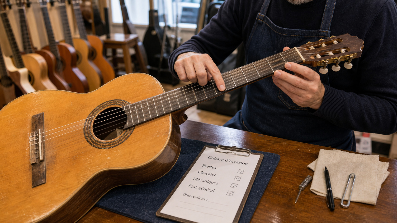 Guitare d'occasion inspectée au niveau des frettes, du chevalet et des mécaniques